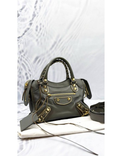BALENCIAGA MINI CLASSIC CITY BAG IN METALLIC DARK GREY LEATHER