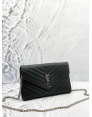YSL SAINT LAURENT ENVELOPE WALLET ON CHAIN IN BLACK GRAIN DE POUDRE LEATHER