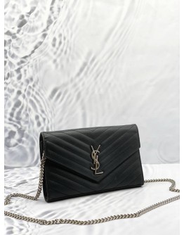 YSL SAINT LAURENT ENVELOPE WALLET ON CHAIN IN BLACK GRAIN DE POUDRE LEATHER