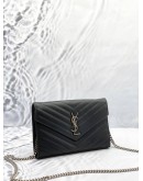 YSL SAINT LAURENT ENVELOPE WALLET ON CHAIN IN BLACK GRAIN DE POUDRE LEATHER