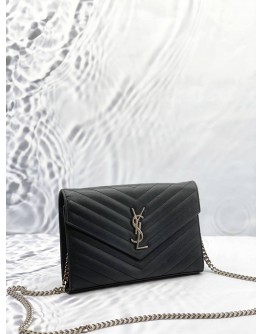 YSL SAINT LAURENT ENVELOPE WALLET ON CHAIN IN BLACK GRAIN DE POUDRE LEATHER