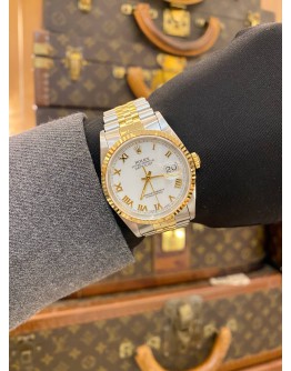 (UNUSED) 2004 ROLEX DATEJUST 36 HALF 18K 750 YELLOW GOLD JUBILEE REF 16233 WHITE ROMAN NUMERALS DIAL 36MM AUTOMATIC WATCH -FULL SET-