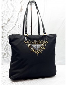 PRADA LOGO GROMMET TOTE BAG IN BLACK NYLON WITH LEATHER