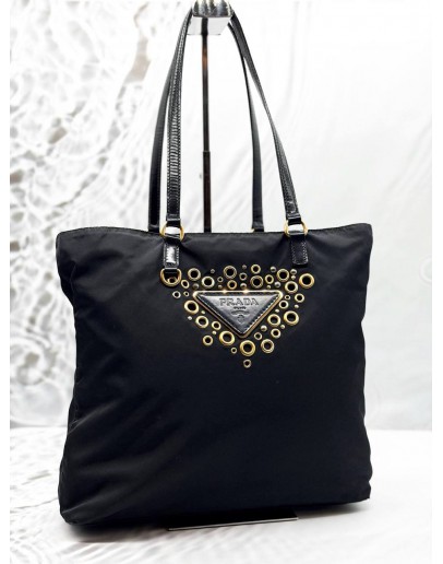 PRADA LOGO GROMMET TOTE BAG IN BLACK NYLON WITH LEATHER