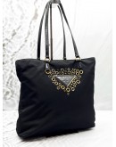PRADA LOGO GROMMET TOTE BAG IN BLACK NYLON WITH LEATHER