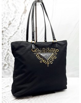 PRADA LOGO GROMMET TOTE BAG IN BLACK NYLON WITH LEATHER