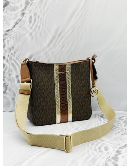MICHAEL KORS JET SET TRAVEL CROSSBODY BAG IN BROWN SIGNATURE CANVAS WITH LIGHT BROWN LEATHER 