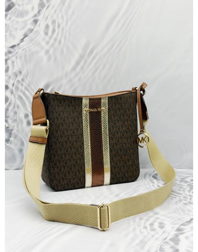 MICHAEL KORS JET SET TRAVEL CROSSBODY BAG IN BROWN SIGNATURE CANVAS WITH LIGHT BROWN LEATHER 