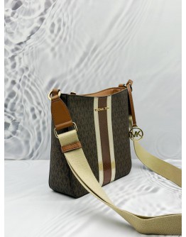 MICHAEL KORS JET SET TRAVEL CROSSBODY BAG IN BROWN SIGNATURE CANVAS WITH LIGHT BROWN LEATHER 