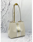 MICHAEL KORS PRATT SHOULDER BAG IN WHITE WITH BEIGE CANVAS WITH LEATHER 