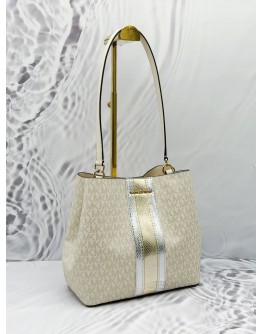 MICHAEL KORS PRATT SHOULDER BAG IN WHITE WITH BEIGE CANVAS WITH LEATHER 