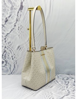 MICHAEL KORS PRATT SHOULDER BAG IN WHITE WITH BEIGE CANVAS WITH LEATHER 