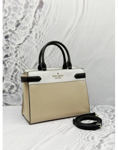 KATE SPADE STACI TOP HANDLE BAG IN BEIGE WITH WHITE LEATHER 