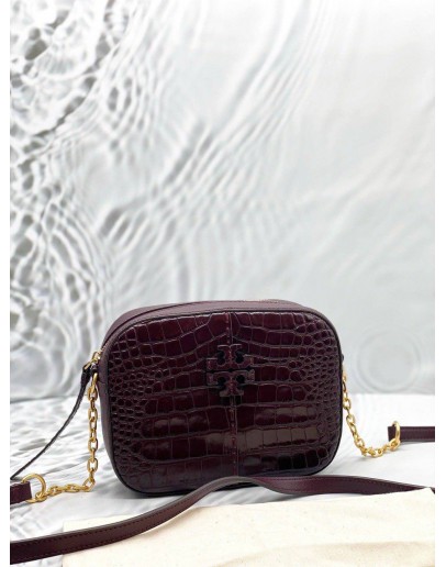 (LIKE NEW) TORY BURCH MCGRAW CAMERA CROSSBODY BAG IN BURGUNDY EMBOSSED LEATHER