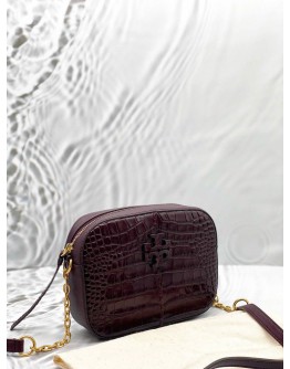 (LIKE NEW) TORY BURCH MCGRAW CAMERA CROSSBODY BAG IN BURGUNDY EMBOSSED LEATHER