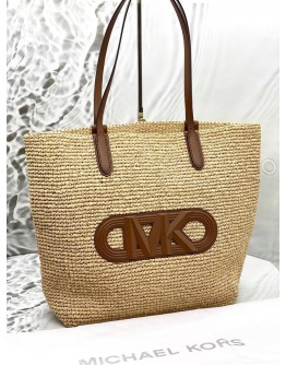 MICHAEL KORS ELIZA EXTRA LARGE EMPIRE LOGO STRAW TOTE BAG IN BEIGE RAFIA WITH BROWN LEATHER