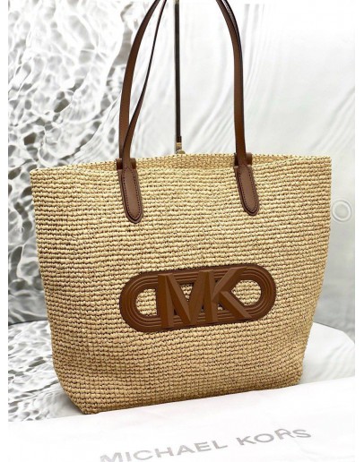 MICHAEL KORS ELIZA EXTRA LARGE EMPIRE LOGO STRAW TOTE BAG IN BEIGE RAFIA WITH BROWN LEATHER