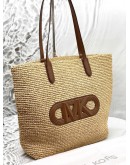 MICHAEL KORS ELIZA EXTRA LARGE EMPIRE LOGO STRAW TOTE BAG IN BEIGE RAFIA WITH BROWN LEATHER