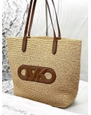 MICHAEL KORS ELIZA EXTRA LARGE EMPIRE LOGO STRAW TOTE BAG IN BEIGE RAFIA WITH BROWN LEATHER