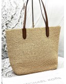 MICHAEL KORS ELIZA EXTRA LARGE EMPIRE LOGO STRAW TOTE BAG IN BEIGE RAFIA WITH BROWN LEATHER