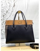 LOUIS VUITTON ON MY SIDE MM TOTE BAG IN BROWN MONOGRAM CANVAS WITH BLACK AND BROWN LEATHER