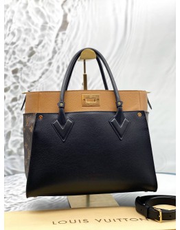 LOUIS VUITTON ON MY SIDE MM TOTE BAG IN BROWN MONOGRAM CANVAS WITH BLACK AND BROWN LEATHER