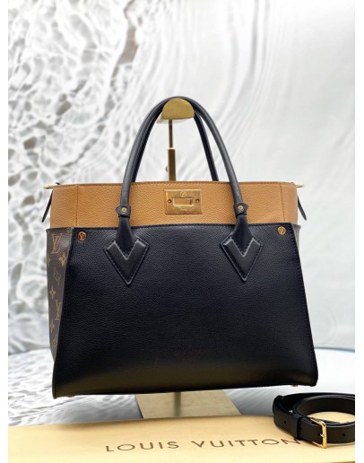 LOUIS VUITTON ON MY SIDE MM TOTE BAG IN BROWN MONOGRAM CANVAS WITH BLACK AND BROWN LEATHER