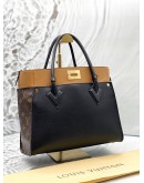 LOUIS VUITTON ON MY SIDE MM TOTE BAG IN BROWN MONOGRAM CANVAS WITH BLACK AND BROWN LEATHER