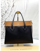 LOUIS VUITTON ON MY SIDE MM TOTE BAG IN BROWN MONOGRAM CANVAS WITH BLACK AND BROWN LEATHER