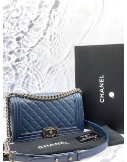 CHANEL BOY MEDIUM SHOULDER BAG IN BLUE CAVIAR LEATHER -FULL SET-