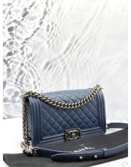 CHANEL BOY MEDIUM SHOULDER BAG IN BLUE CAVIAR LEATHER -FULL SET-