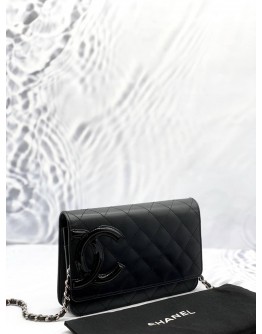 (LIKE NEW) CHANEL CAMBON LINE WALLET ON CHAIN IN BLACK LAMBSKIN WITH PATENT LEATHER -FULL SET-