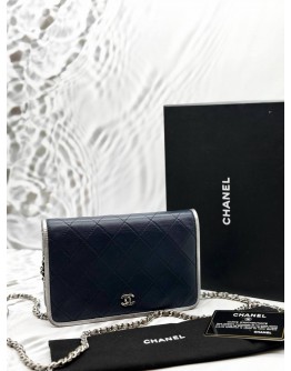 CHANEL WALLET ON CHAIN IN DARK BLUE WITH SILVER LAMBSKIN LEATHER -FULL SET-