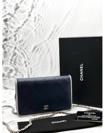 CHANEL WALLET ON CHAIN IN DARK BLUE WITH SILVER LAMBSKIN LEATHER -FULL SET-