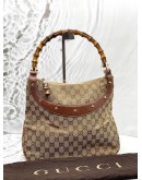 GUCCI ANITA HOBO BAMBOO HANDLE BAG IN BEIGE GG CANVAS WITH BROWN LEATHER