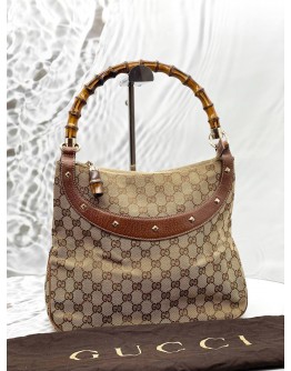 GUCCI ANITA HOBO BAMBOO HANDLE BAG IN BEIGE GG CANVAS WITH BROWN LEATHER