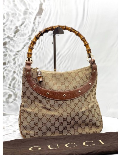 GUCCI ANITA HOBO BAMBOO HANDLE BAG IN BEIGE GG CANVAS WITH BROWN LEATHER