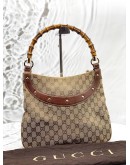 GUCCI ANITA HOBO BAMBOO HANDLE BAG IN BEIGE GG CANVAS WITH BROWN LEATHER