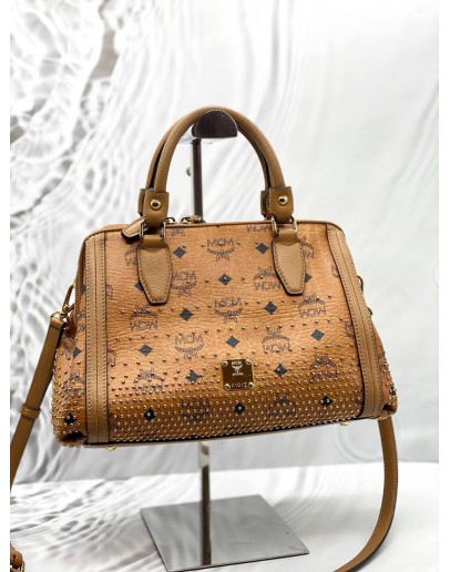 MCM STUDDED TOTE BAG IN BROWN VISETOS LEATHER