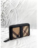 BURBERRY ZIP AROUND WALLET IN BEIGE NOVA CHECK CANVAS WITH BLACK LEATHER