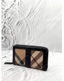 BURBERRY ZIP AROUND WALLET IN BEIGE NOVA CHECK CANVAS WITH BLACK LEATHER