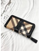 BURBERRY ZIP AROUND WALLET IN BEIGE NOVA CHECK CANVAS WITH BLACK LEATHER