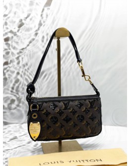 (LIKE NEW) LOUIS VUITTON SEQUINS POCHETTE ACCESSORIES IN BROWN MONOGRAM ECLIPSE WITH BLACK LEATHER