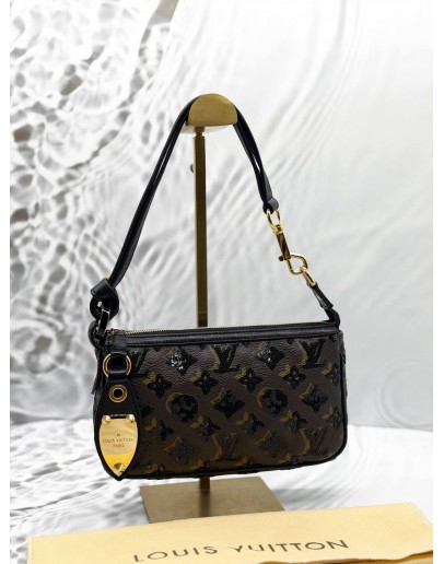 (LIKE NEW) LOUIS VUITTON SEQUINS POCHETTE ACCESSORIES IN BROWN MONOGRAM ECLIPSE WITH BLACK LEATHER