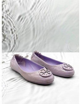 TORY BURCH MINNIE TRAVEL BALLET FLATS SIZE 39 IN LILAC PATENT LEATHER