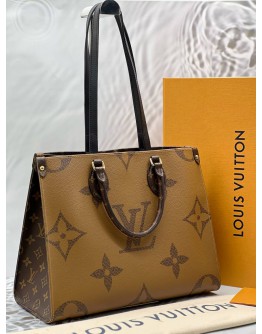 (LIKE NEW) MICROCHIP LOUIS VUITTON ON THE GO MM IN BROWN MONOGRAM REVERSE CANVAS WITH BLACK LEATHER -FULL SET- 