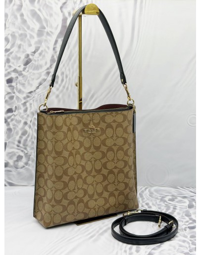 COACH MOLLIE SHOULDER BAG IN BROWN CC SIGNATURE CANVAS WITH BLACK LEATHER 