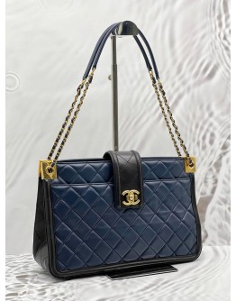CHANEL ELEGANT TOTE BAG IN NAVY BLUE WITH BLACK LAMBSKIN LEATHER 