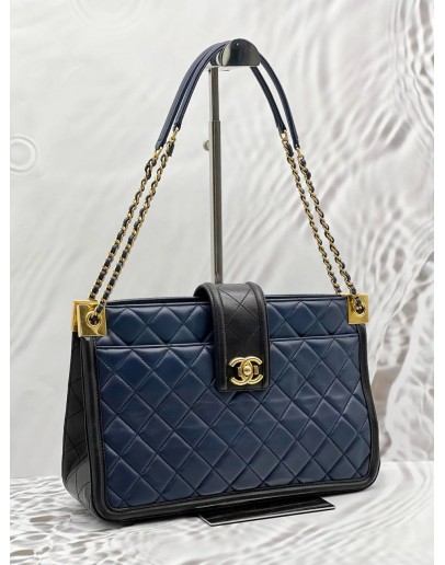 CHANEL ELEGANT TOTE BAG IN NAVY BLUE WITH BLACK LAMBSKIN LEATHER 