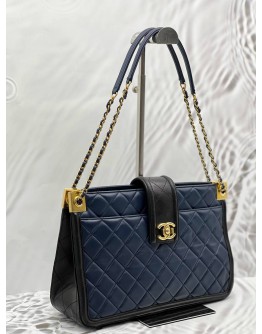 CHANEL ELEGANT TOTE BAG IN NAVY BLUE WITH BLACK LAMBSKIN LEATHER 